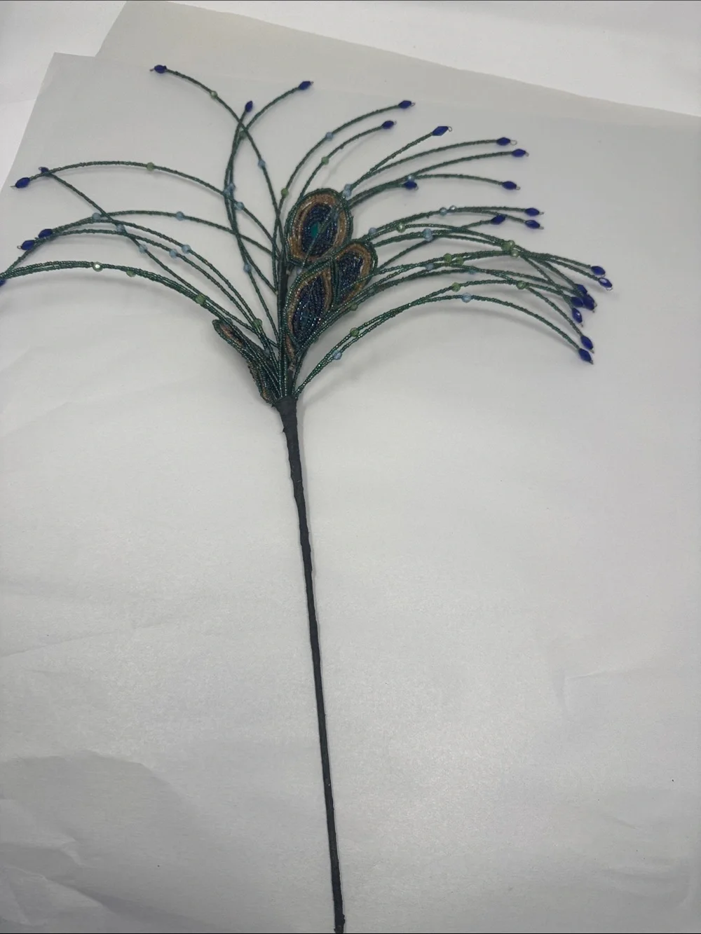 BEADED PEACOCK FEATHERS FOR A FLORAL ARRANGEMENT VASE DECOR ON STICK  RARE BOHO
